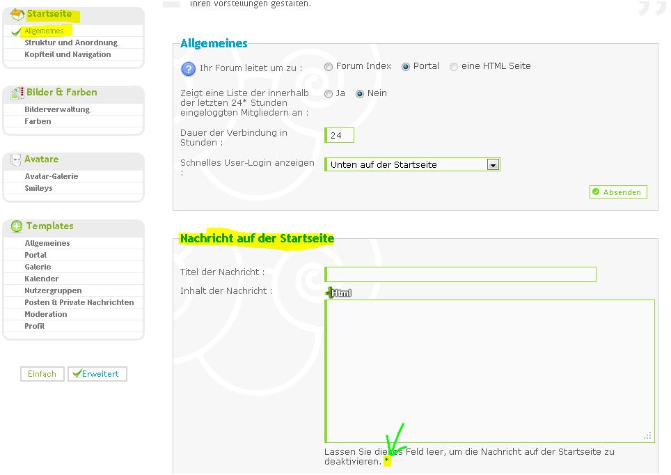 Tabelle  Startseite - Kasten mit Angaben - Nachricht auf der Startseite - Variablen A00129