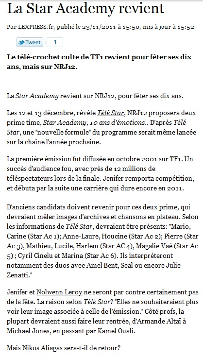 "Star Ac, 10 Ans d'émotion" - NRJ 12 - Star_a10