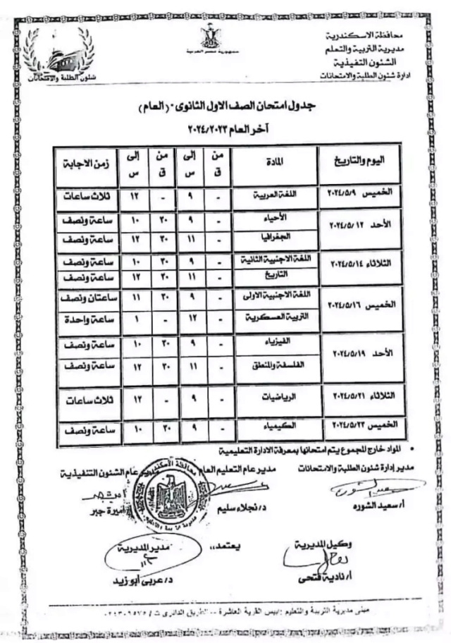 جداول امتحانات محافظة الإسكندرية الترم الثاني 2024: 1053