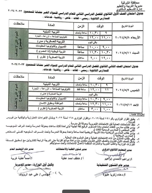 جداول امتحانات محافظة الشرقية آخر العام الدراسي 2023 - 2024 12101
