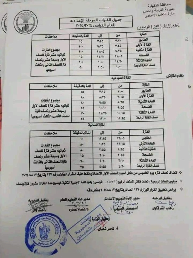 جدول الفترات المرحلة الاعدادية للعام الدراسي 2024 / 2025 1850