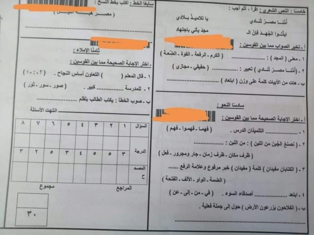 امتحان العربي رابعة ابتدائي ترم ثاني 2024 ادارة العاشر بالشرقية 2305