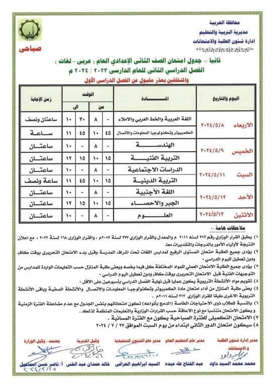 جداول امتحانات الترم الثاني 2024 محافظة الغربية 859