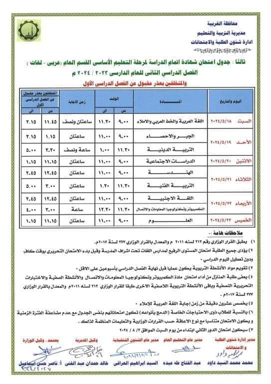 جداول امتحانات الترم الثاني 2024 محافظة الغربية 949