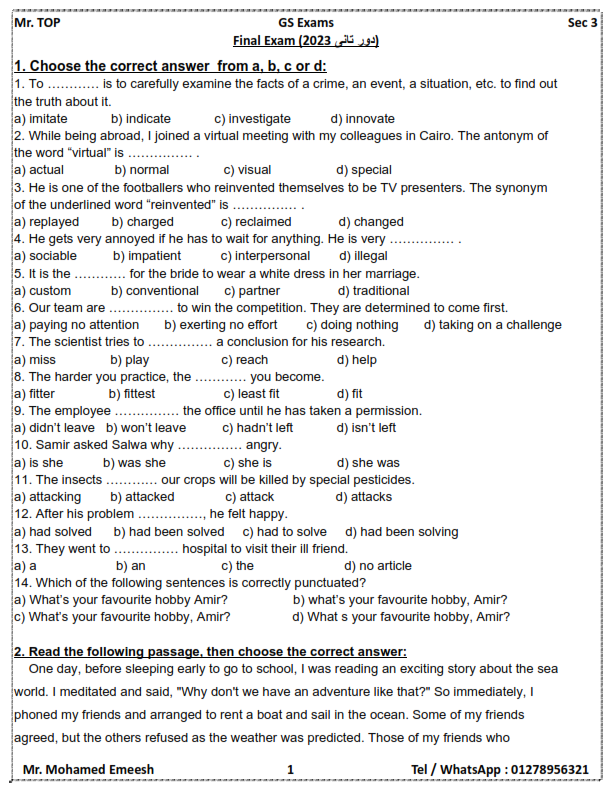 16 امتحان انجليزي ثالثة ثانوي أحدث المواصفات PDF Previo10