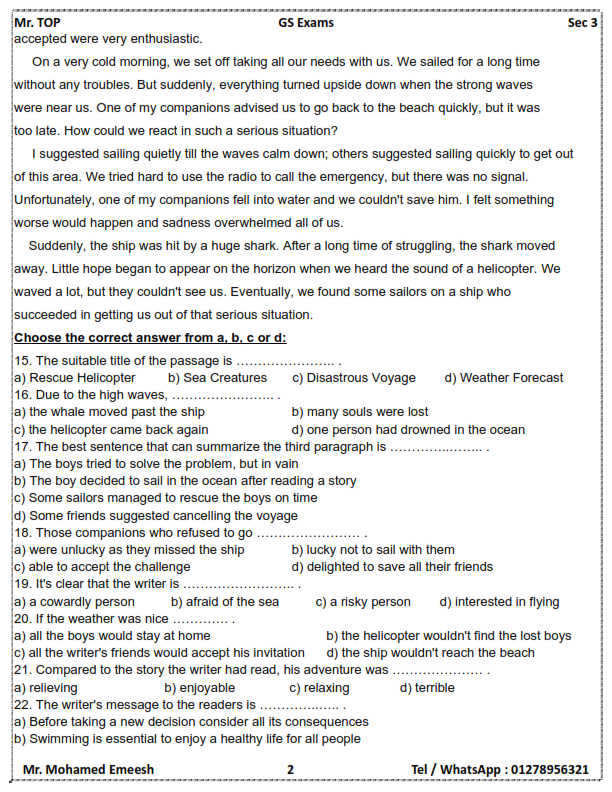 16 امتحان انجليزي ثالثة ثانوي أحدث المواصفات PDF Previo12
