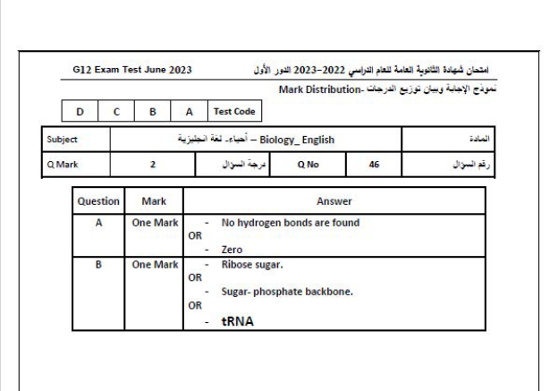 امتحان الأحياء باللغة الانجليزية للثانوية العامة + نموذج الاجابة PDF Scree686