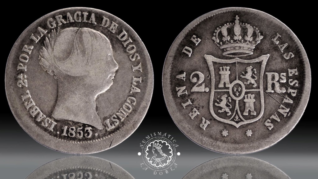 2 Reales 1853 Isabel II - Cuño descentrado, canto sin acuñar. B5-6-210