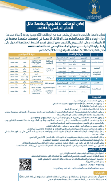حائل -  جامعة حائل تعلن عن وظائف جديدة للنساء والرجال من مختلف التخصصات 6613