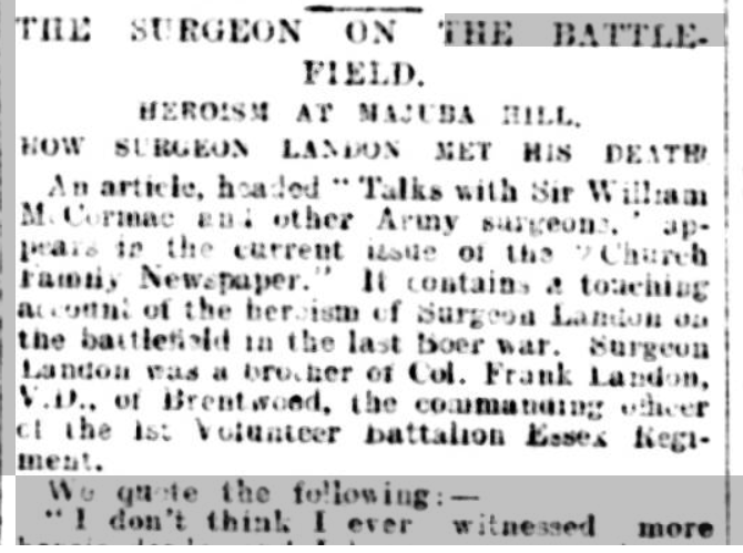 Arthur Landon Army Surgeon killed at Majuba