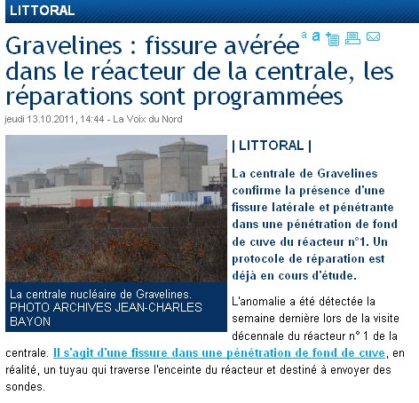 Gravelines: suspicion de fissure dans une cuve de la centrale nucléaire 2011-130