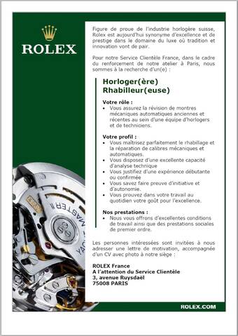 Rolex France Cherche Des Horlogers