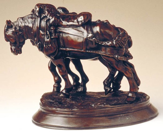 Sculpture cheval de trait et son maître, régule patiné (?) sur socle marbre, non signé Les-ch10