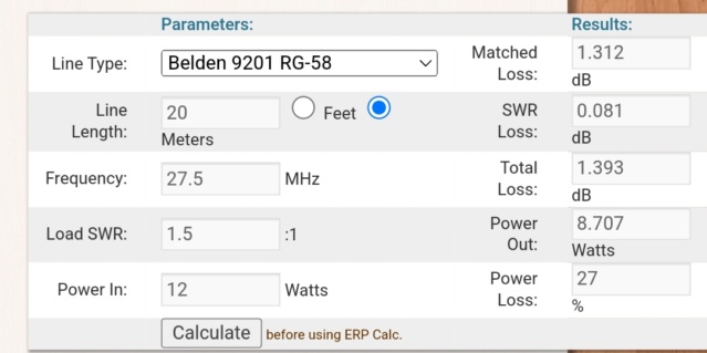 Outil en ligne pour calcul des pertes dans un câble coaxial  Scree140