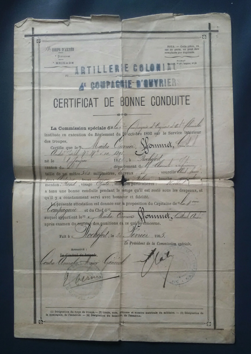 4e compagnie d'ouvriers d'artillerie coloniale - certificat bonne conduite  1905 Img_2860