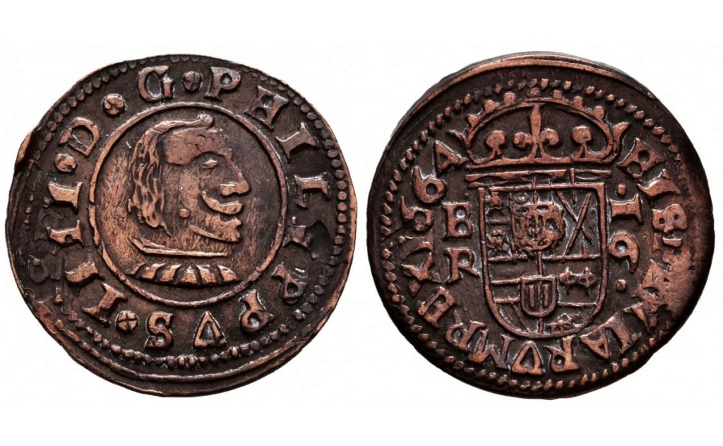 16 maravedís de Felipe IV, Burgos 1664, doble acuñación A24