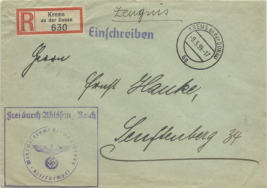 Rekozettel und -Belege Krems an der Donau 19390510