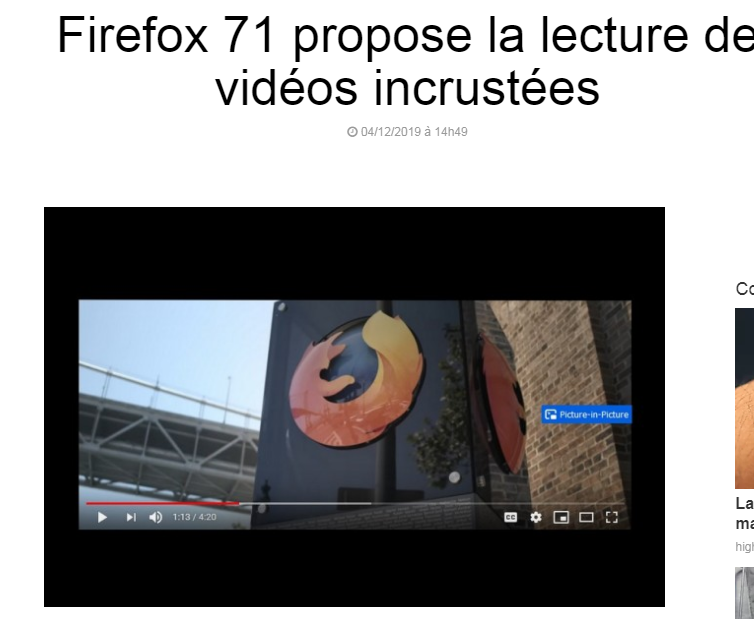 Firefox 71 propose la lecture de vidéos incrustées Captur98