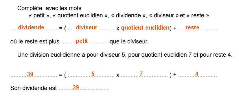 Division et égalité euclidiennes - Corrigé Divisi15