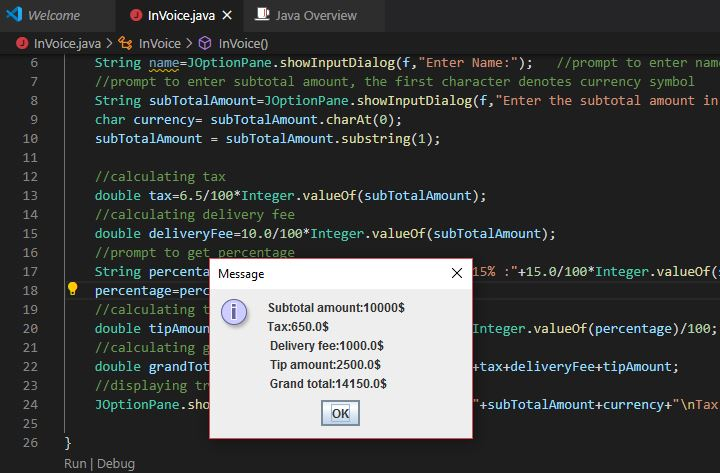 Write a Java program that will calculate and display what it would cost to have a meal delivered by your company. In this invoice, you do not need to display the contents of what the user will order, but only calculate and display the transaction amounts Phpeuc10