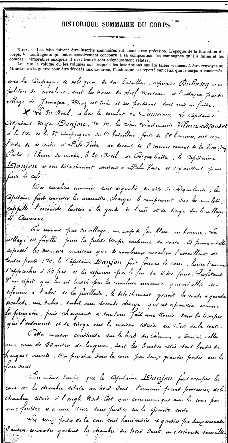journal de marche du 1°Régiment Etranger en 1863. "Camerone" Numeri11