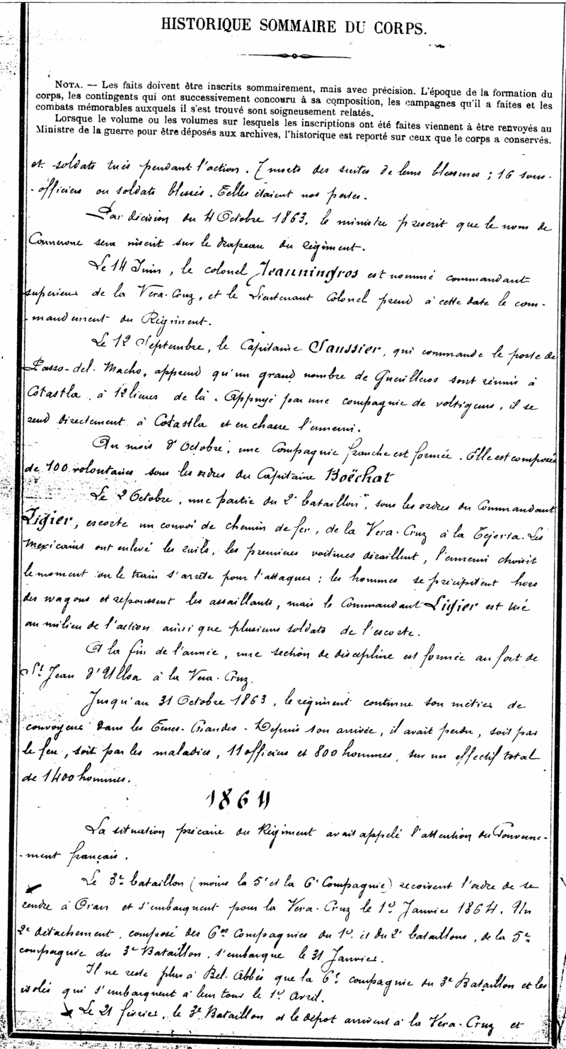 journal de marche du 1°Régiment Etranger en 1863. "Camerone" Numeri14