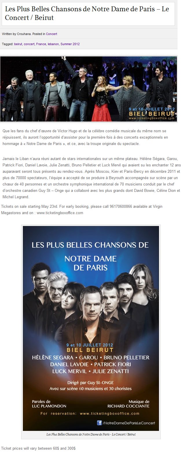 Les Plus Belles Chansons de Notre Dame de Paris - Le Concert  au Biel à Beirut/Liban les 9 et 10 juillet 2012 Beirut11