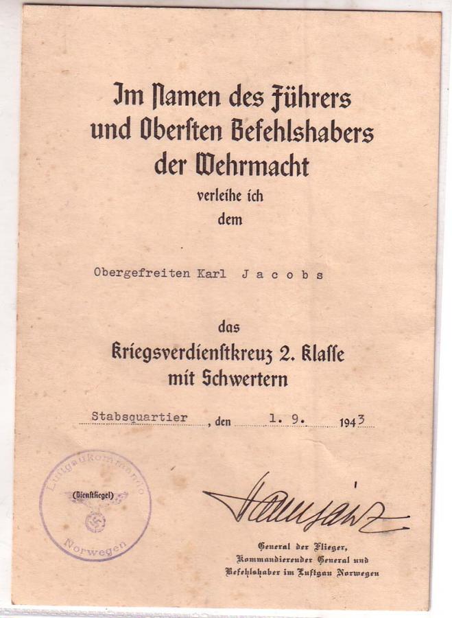 Diplômes allemands WWII, avec signatures d'officiers Généraux Jacobs10