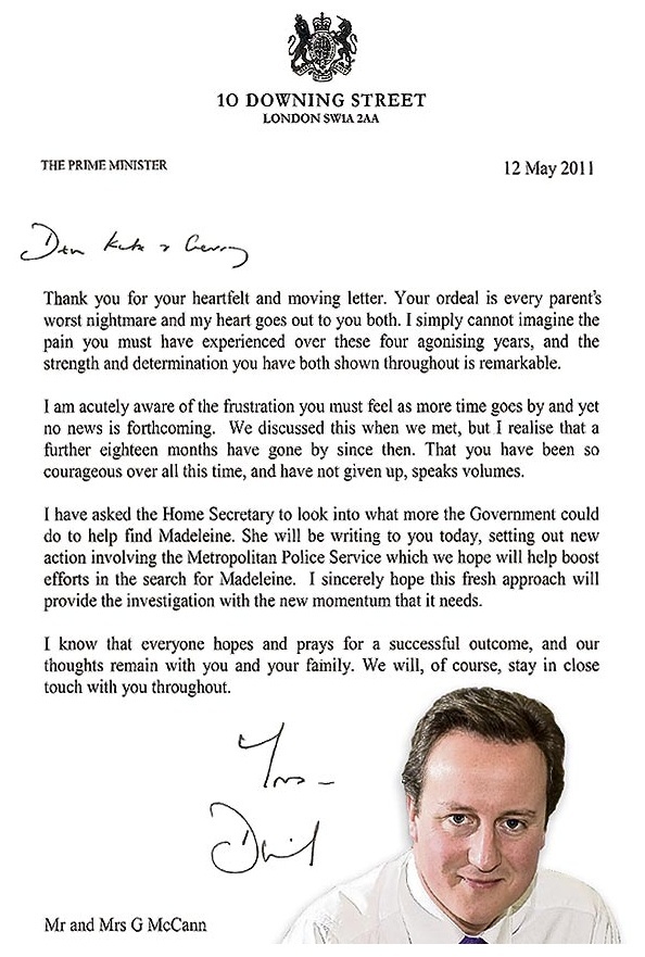 The McCanns letter from our very friendly Prime Minister Camera17