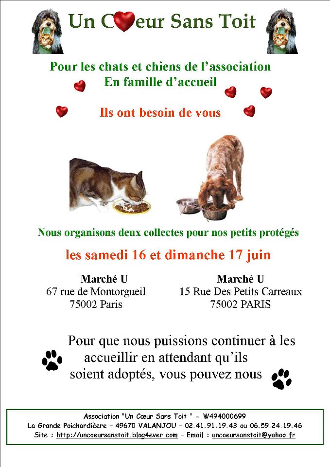 Collecte pour l'asso "Un coeur sans toit" 16/17 juin Paris 53753910