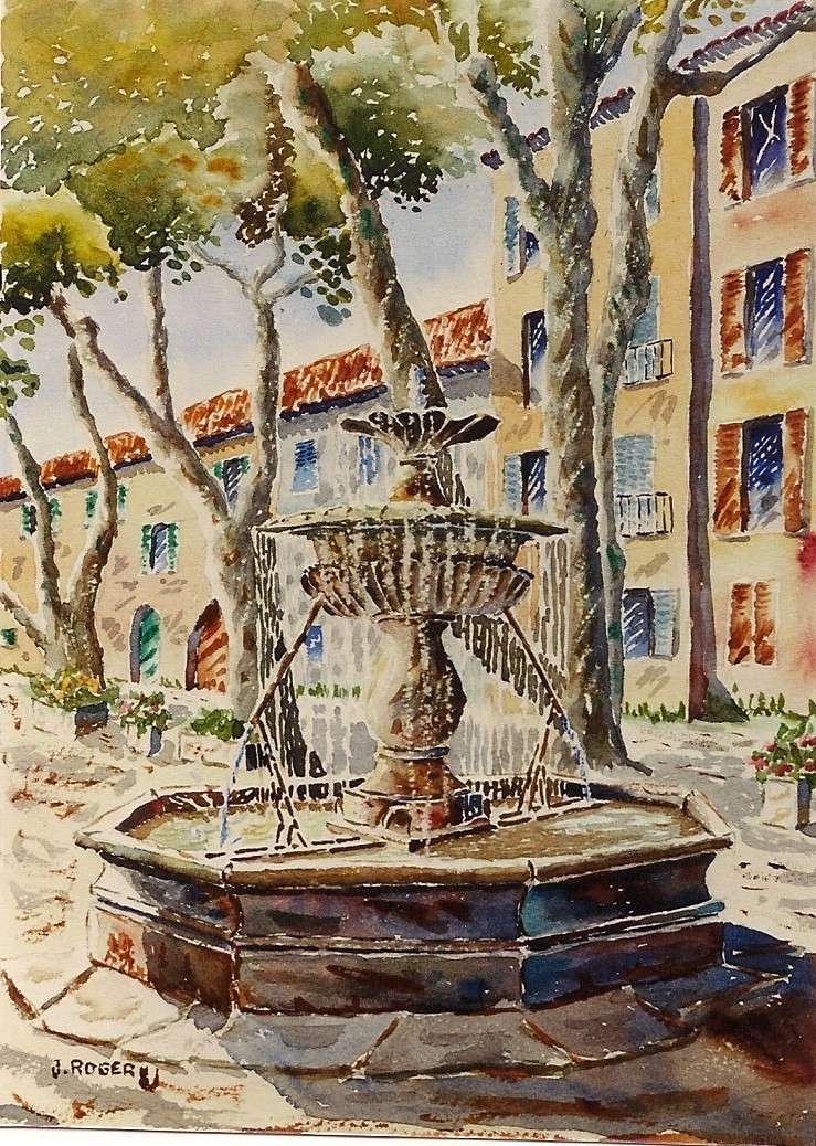 aquarelle la fontaine du Boeuf à Barjols réalisée sur motif en 1999 Font_d11