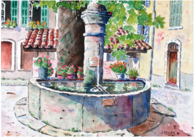 aquarelle de la fontaine "capitaine Vincens " Barjols en Provence Ft_vin10