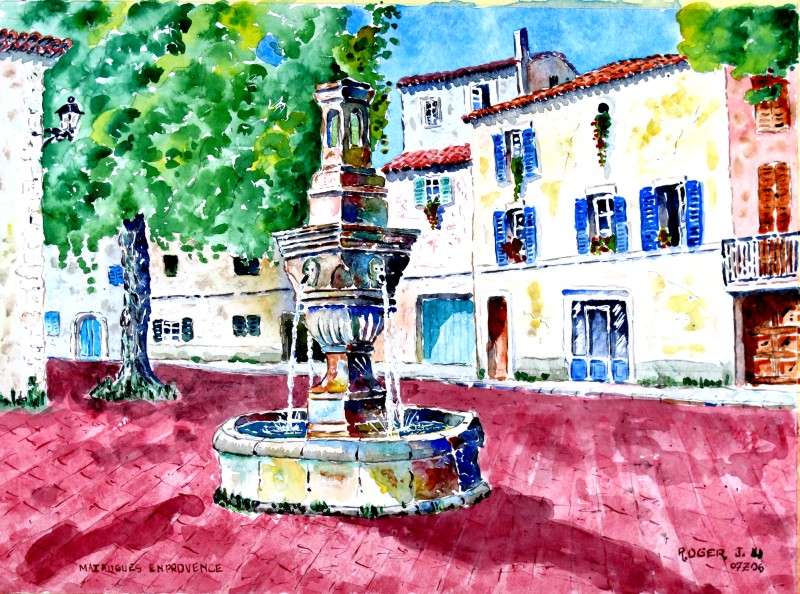 Aquarelle de la fontaine de Mazaugues dans le Massif de Ste Baume en Provence Mazaug10