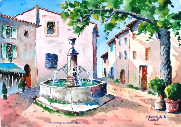 Aquarelle de la fontaine de Tourtour peinte sur motif en 1998 . Tourto10