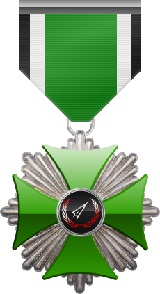 Platinum level of Green Cross of the Silver Arrows - This award is given to a member who performed a number of contributions to the clan in the form of equipment or <br />money donated and knowledge shared. Platinum level is the fourth of six.