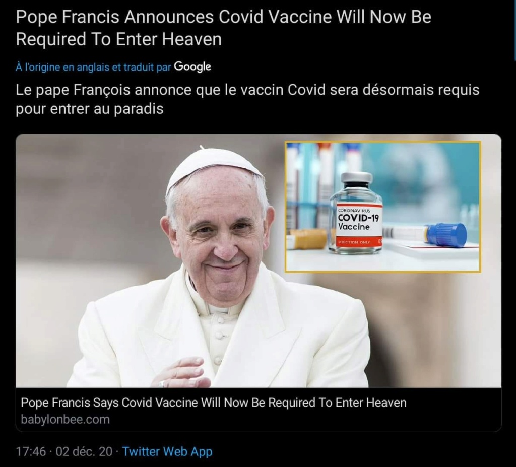 "Pour rentrer au Paradis, ça vous prendra dorénavant le vaccin", déclare le Pape François ! 12818710