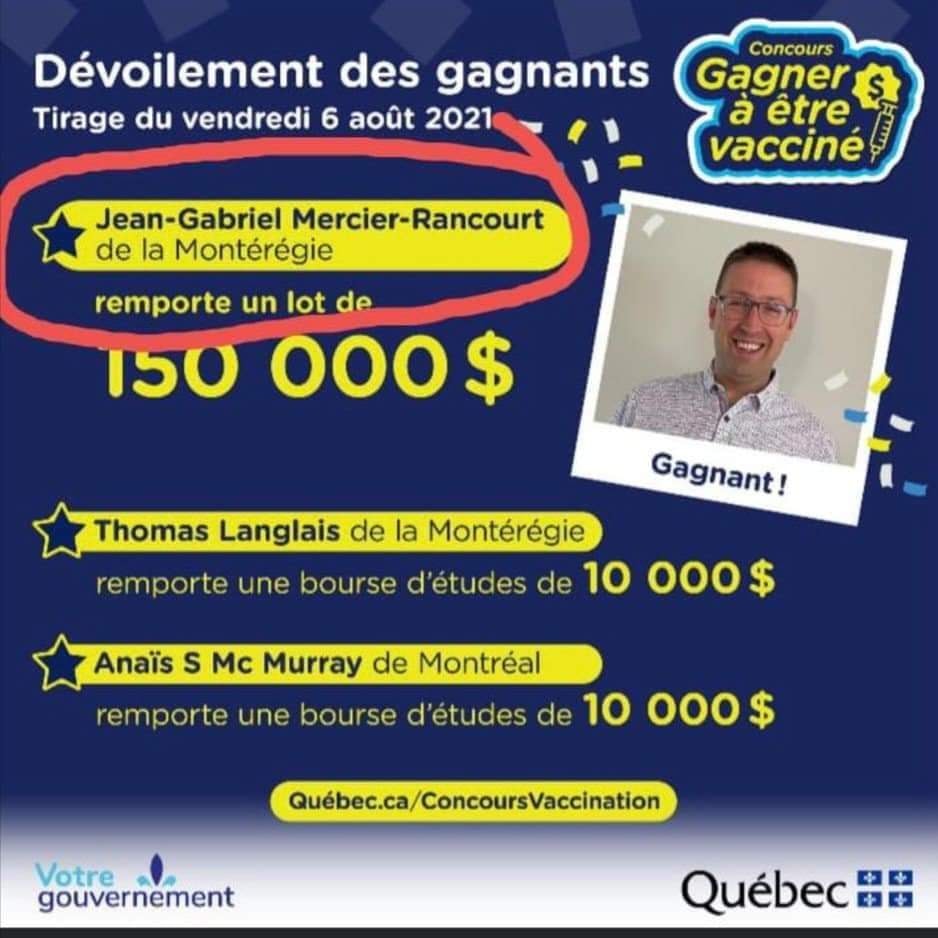LA PERVERSION : Le Gouvernement du Québec lance une loterie de 2 M afin d'encourager la vaccination 23690310