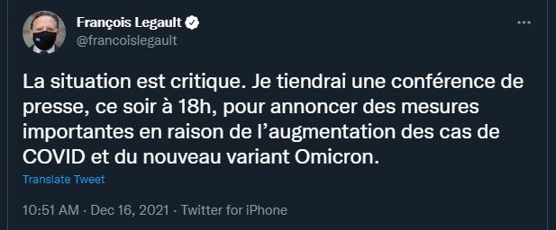 Contamination par le Variant Omicron - La situation est critique au Québec, nous dit Legault ! 26855910