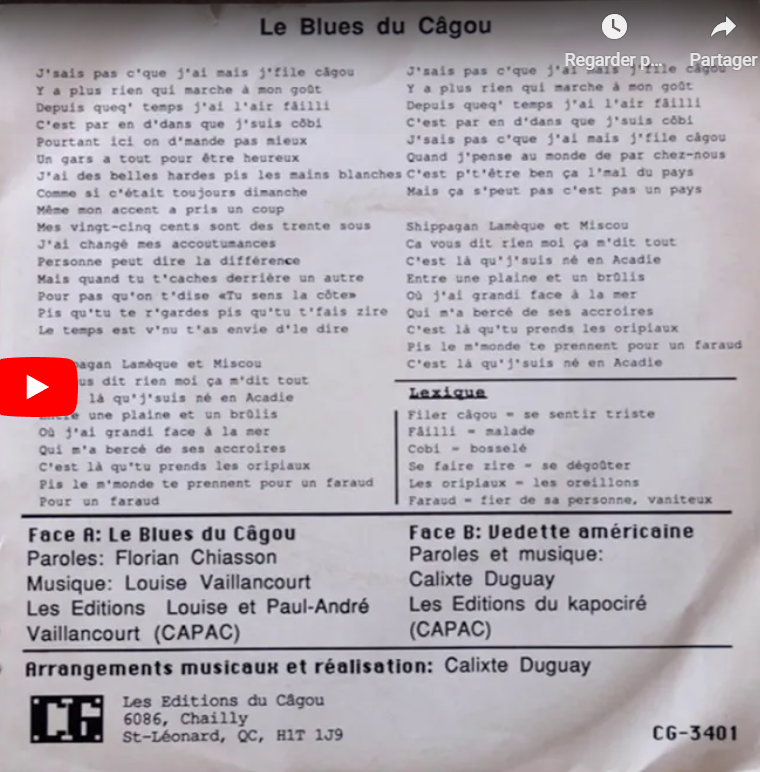 Vidéo-Acadie : "Le Blues du Câgou" - Interprété a capella par Sandra Le Couteur - 15 août 2021 ! Captu703