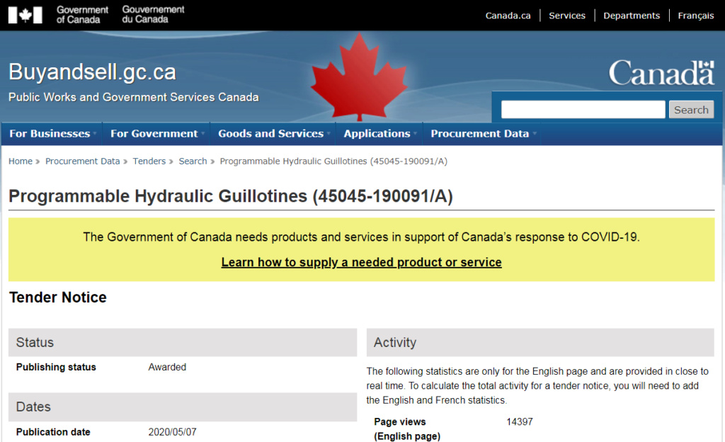 COVID-19 : Le Gouvernement Canadien demande des soumissions pour l'achat de "Guillotines hydraulique Guillo10