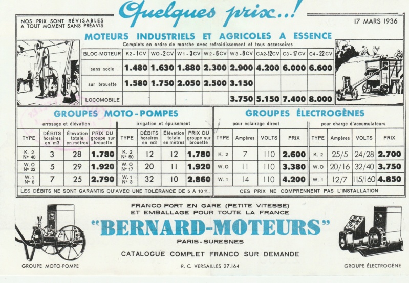 1936  Dépliant de la gamme moto-pompes et groupes électrogènes Bernard Moteurs 193610