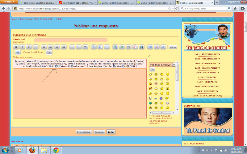 como crear una tabla con las reglas a la hora de crear un tema o responder un tema Sin_ta14