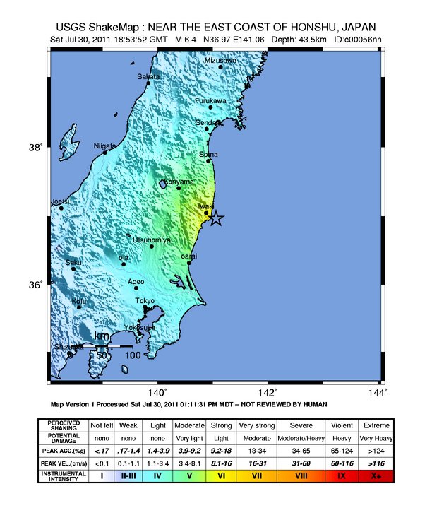 Temblor muy fuerte cerca de Iwaki (Japón) – por lo menos 7 personas heridas Intens10