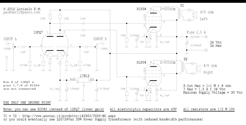 pl504 - Ampli valvolare stereo S.E. a 24Vcc - 1+1W a tre valvole Valvol16