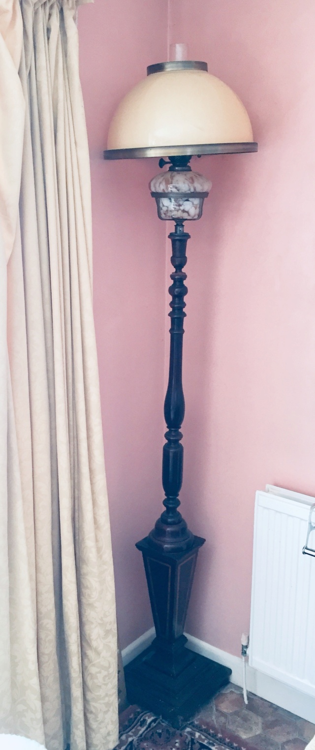 Oil lamp on wooden floor stand; Victorian? 223d3310