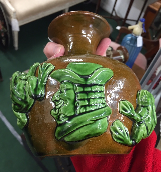 Vase with applied frogs and heads. Belgium art pottery? Unmarked  8429a710