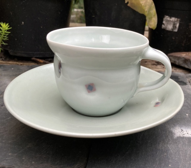 Celadon glazed cup and saucer, KP mark - Kathryn Hearn? Db0f8510