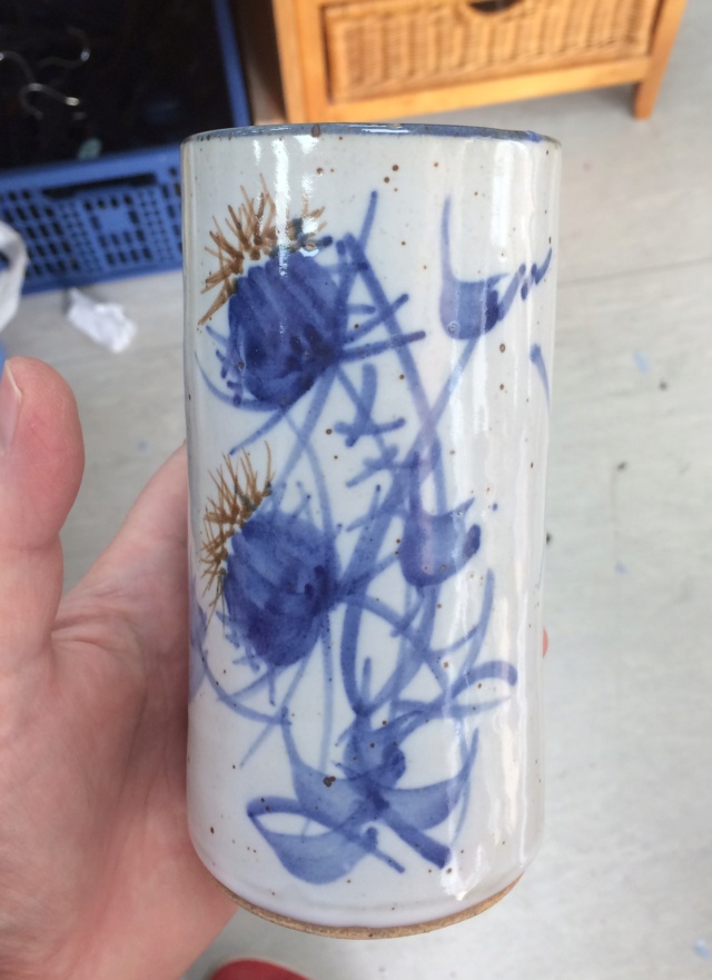 Cylinder vase with thistle decoration, GRM mark - Buxton Mill Pottery? Myster11