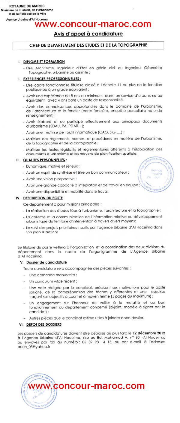 Agence Urbaine d'Al Hoceima : Concours de recrutement CHEF DE DEPARTEMENT DES ETUDES ET DE LA TOPOGRAPHIE avant le 12 décembre 2012 Conco104