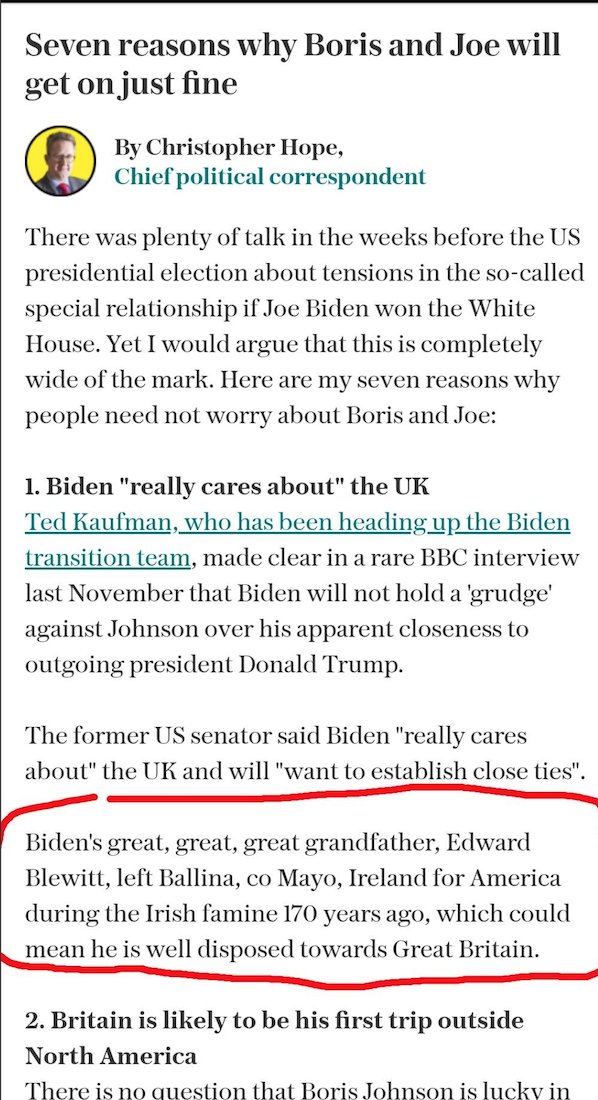 English journalist bizarrely lists 'Irish Famine' as reason Joe Biden and Boris Johnson will get on with each other! Eskmrp10